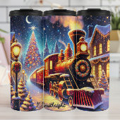 Festive Red Train Snowy Village Night Thermosbeker