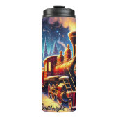 Festive Red Train Snowy Village Night Thermosbeker (Voorkant)