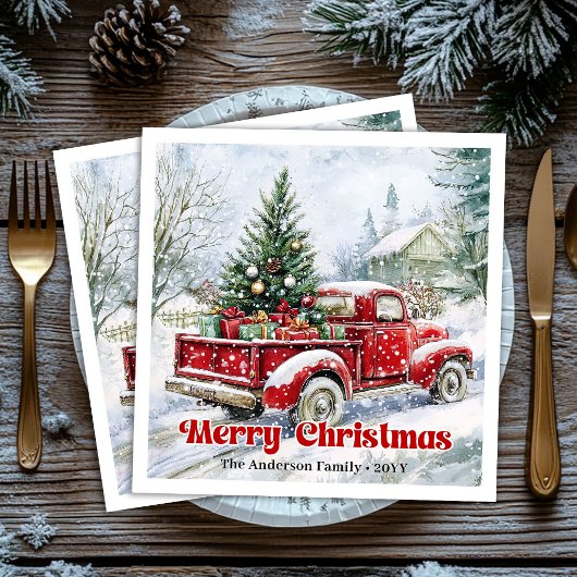 Festive red truck Christmas scene rustic table  Servet