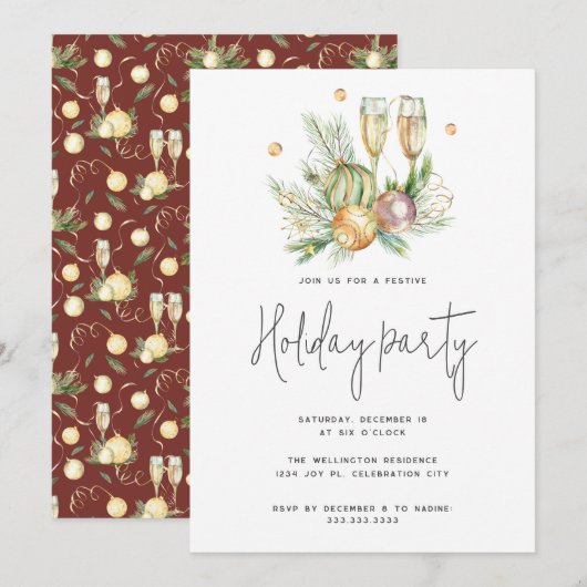 Festive Red Waterverf Champagne kerstparty Kaart (Voorkant / Achterkant)