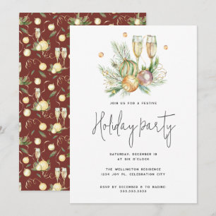 Festive Red Waterverf Champagne kerstparty Kaart