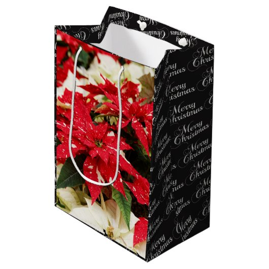Festive Red White Floral Poinsettia Flowers Medium Cadeauzakje (Voorkant Gekanteld)