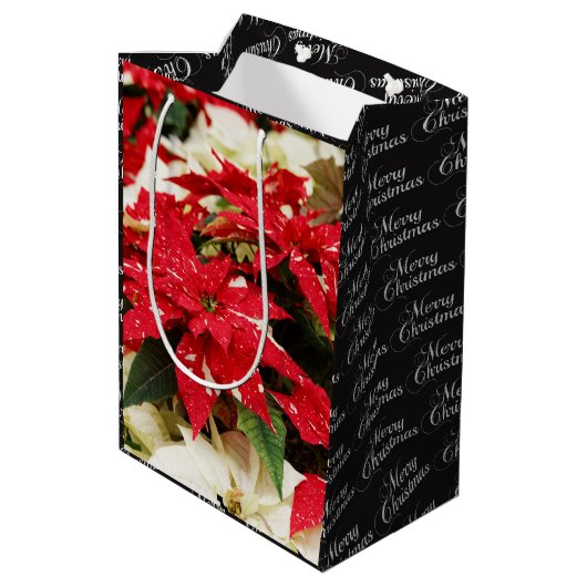 Festive Red White Floral Poinsettia Flowers Medium Cadeauzakje (Achterkant Gekanteld)
