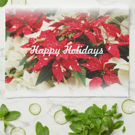 Festive Red White Floral Poinsettias Theedoek (Gevouwen)
