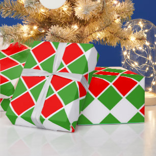 Festive Red White Green Diamond Squares afgecheckt Cadeaupapier