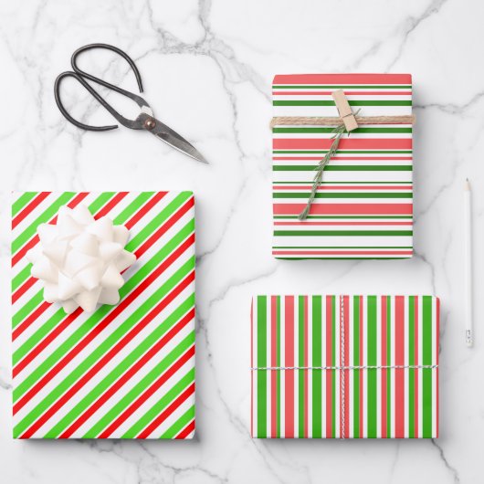 Festive Red, White, Green KerstStyle Stripes Inpakpapier Vel (Voorkant)