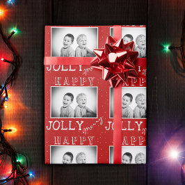 Festive Red White Typografie Kerstfoto Cadeaupapier