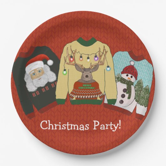 Festive Red Wool Ugly Sweater Kerstparty Papieren Bordje (Voorkant)