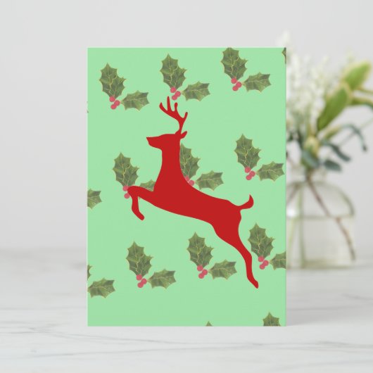 Festive Reindeer & Holly Holiday Dinner Invitation Kaart (Staand voorkant)