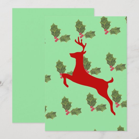 Festive Reindeer & Holly Holiday Dinner Invitation Kaart (Voorkant / Achterkant)