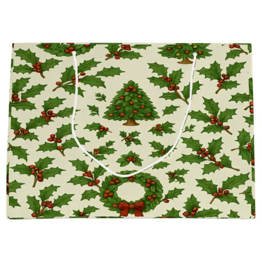 Festive Repeating Christmas Pattern Holly & Wreath Groot Cadeauzakje (Voorkant)