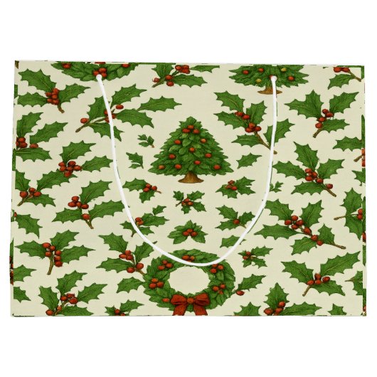 Festive Repeating Christmas Pattern Holly & Wreath Groot Cadeauzakje (Achterkant)