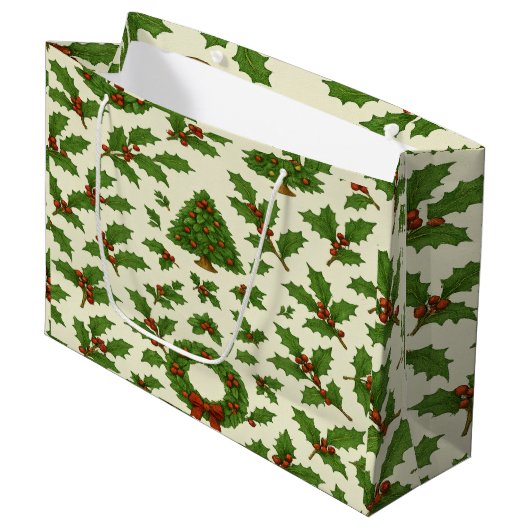 Festive Repeating Christmas Pattern Holly & Wreath Groot Cadeauzakje (Voorkant Gekanteld)