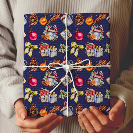 Festive retro blue vintage-kerstpatroon cadeaupapier
