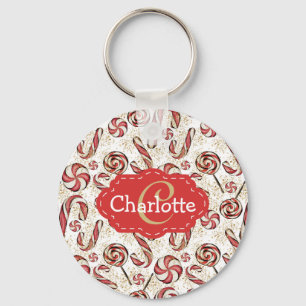 Festive Retro Candy Canes Pattern Monogram Sleutelhanger