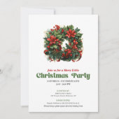 Festive Retro Christmas Wreath Party Invitation Kaart (Voorkant)