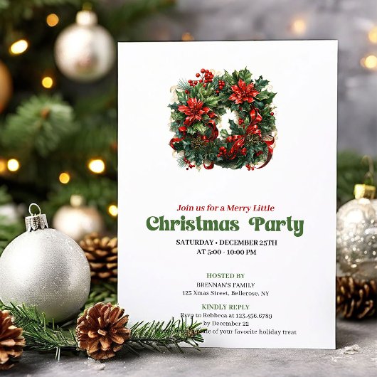 Festive Retro Christmas Wreath Party Invitation Kaart