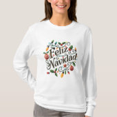 Festive Retro Light Bulbs and Holly Feliz Navidad T-shirt (Voorkant)