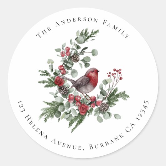 Festive Robin Kerstmis Floral Return Address Ronde Sticker (Voorkant)