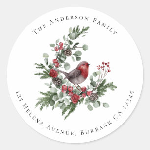 Festive Robin Kerstmis Floral Return Address Ronde Sticker