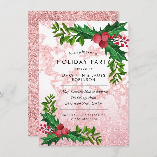 Festive Roos Gold Marble Glitter Holiday Party Kaart (Voorkant / Achterkant)