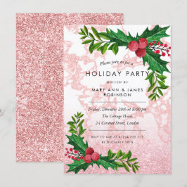 Festive Roos Gold Marble Glitter Holiday Party Kaart