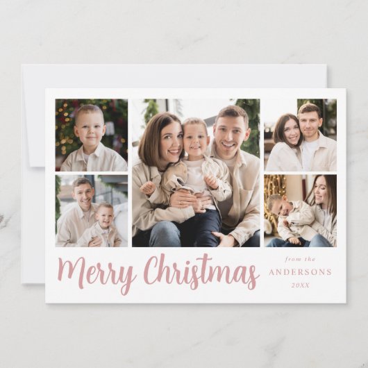 Festive Roos Script 5 Photo Collage Feestdagenkaart (Voorkant)