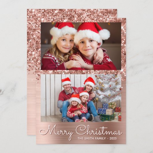 Festive Rose Gold Glam 2 Photo Collage Feestdagenkaart (Voorkant / Achterkant)