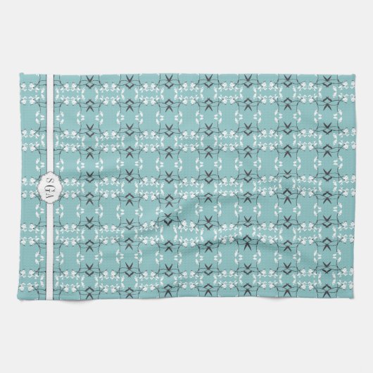 Festive Royal Botanical Monogram Robin's Egg Blue Theedoek (Horizontaal)