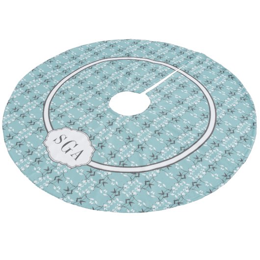 Festive Royal Botanical Robin's Egg Blue Monogram Fleece Kerstboom Rok (Gekanteld)