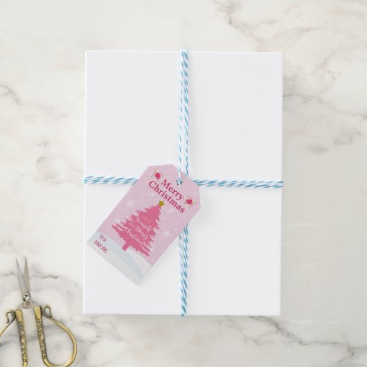 Festive Roze kerstboom Cadeaulabel (Met Touw)