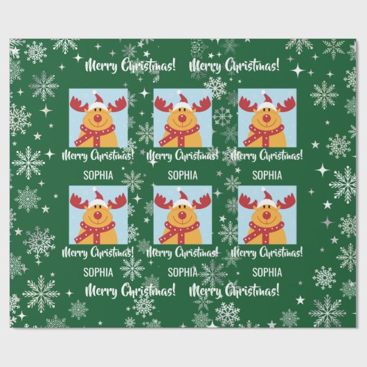 Festive Rudolph Reindeer Snow Personalized Xmas Cadeaupapier (Vlak)