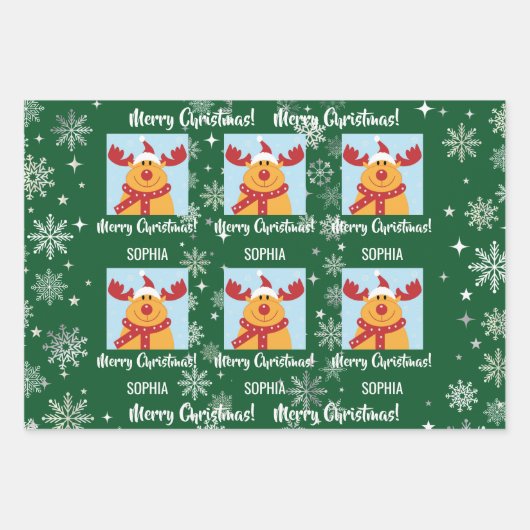 Festive Rudolph Reindeer Snow Personalized Xmas Inpakpapier Vel (Voorkant)