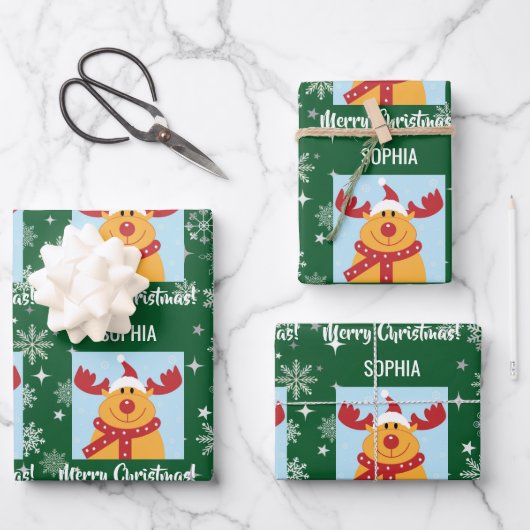 Festive Rudolph Reindeer Snow Personalized Xmas Inpakpapier Vel (Voorkant)