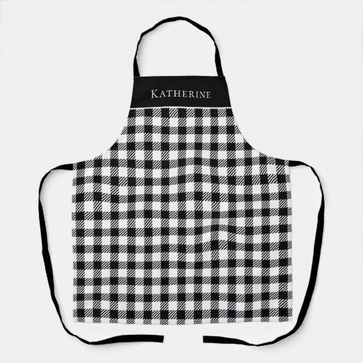 Festive Rustic Black White Gingham Pset met naam Schort (Voorkant)
