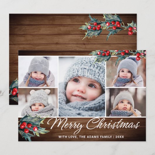 Festive Rustic Kerstmis 5 FOTOS-groeten Feestdagenkaart (Voorkant / Achterkant)