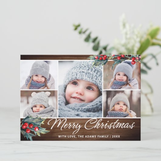 Festive Rustic Kerstmis 5 FOTOS-groeten Feestdagenkaart (Staand voorkant)