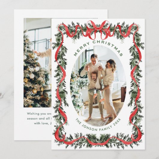 Festive Sage Green Christmas Bow Ribbon 2 Photo Ho Feestdagenkaart (Voorkant / Achterkant)