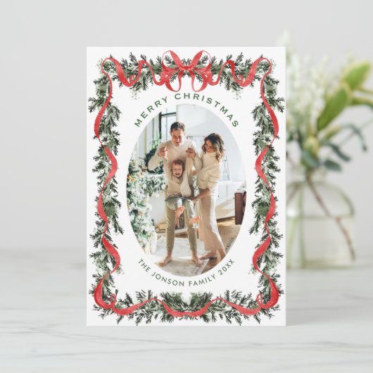 Festive Sage Green Christmas Bow Ribbon 2 Photo Ho Feestdagenkaart (Staand voorkant)