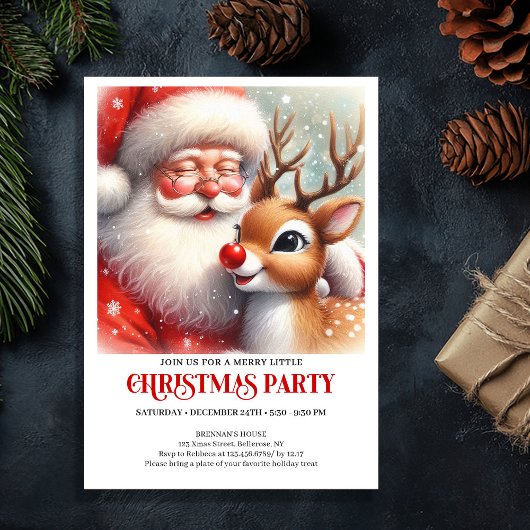 Festive Santa and Rudolph Christmas Invitation Kaart