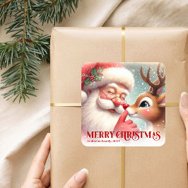 Festive Santa and Rudolph Personalized Holiday  Vierkante Sticker