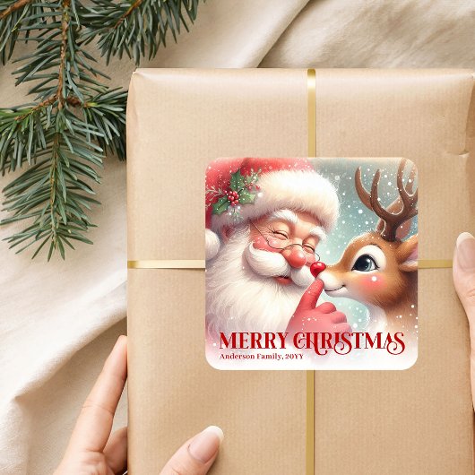 Festive Santa and Rudolph Personalized Holiday  Vierkante Sticker