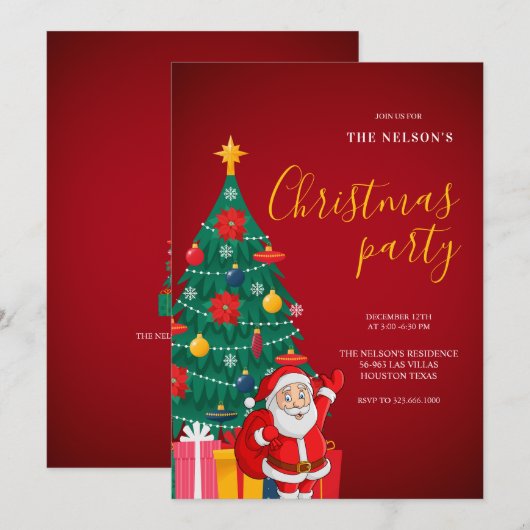 Festive Santa Christmas Party Invitation | Holiday Kaart (Voorkant / Achterkant)