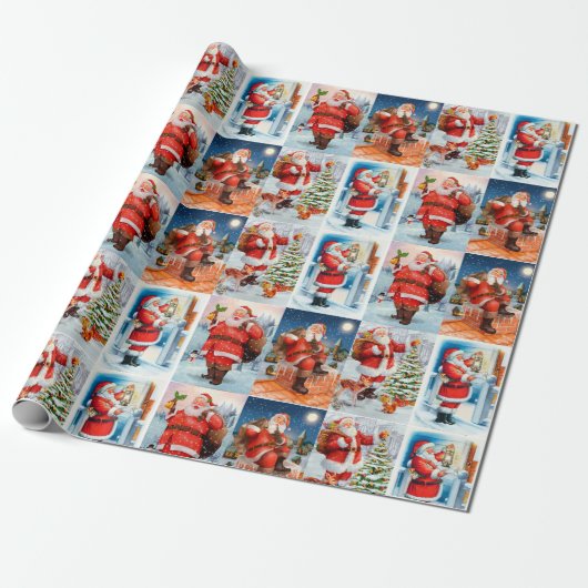 Festive Santa Collage Wrapping Paper Cadeaupapier (Uitgerold)