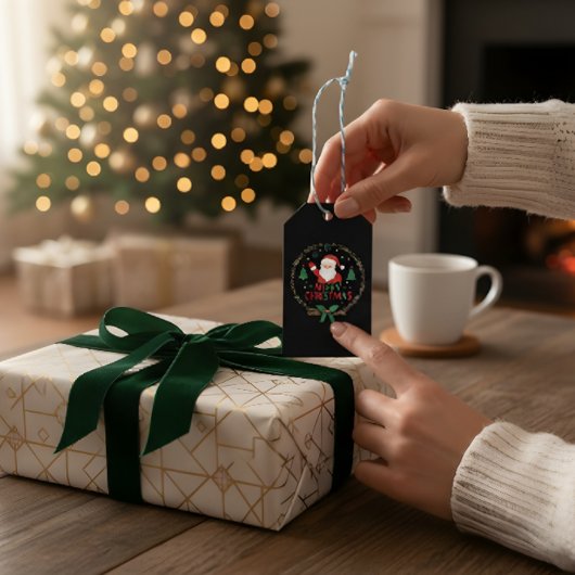 Festive Santa Golden Wreath Christmas Gift Tag Cadeaulabel