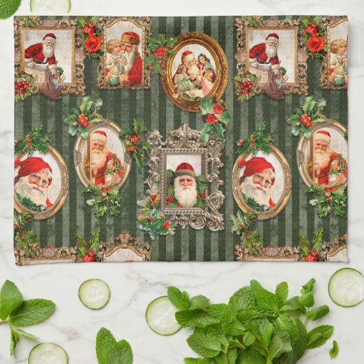 Festive  Santas in  Lijsten met Holly Theedoek (Gevouwen)