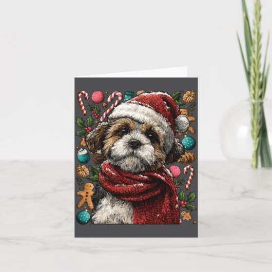 Festive Shih Tzu With Santa Hat Snowy Winter Chris Kaart (Voorkant)