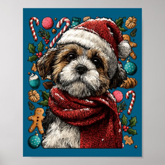 Festive Shih Tzu With Santa Hat Snowy Winter Chris Poster (Voorkant)