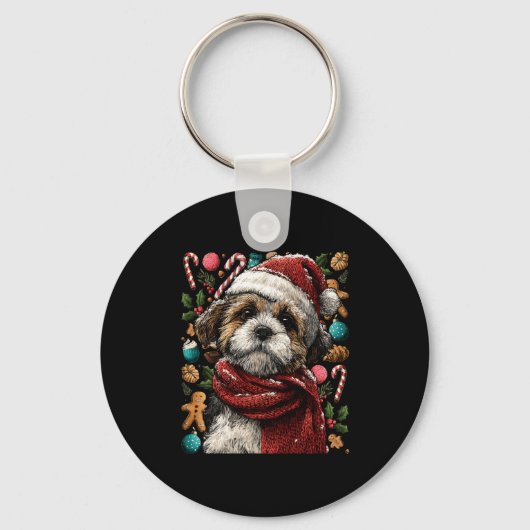 Festive Shih Tzu With Santa Hat Snowy Winter Chris Sleutelhanger (Voorkant)