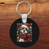 Festive Shih Tzu With Santa Hat Snowy Winter Chris Sleutelhanger (Voorkant)